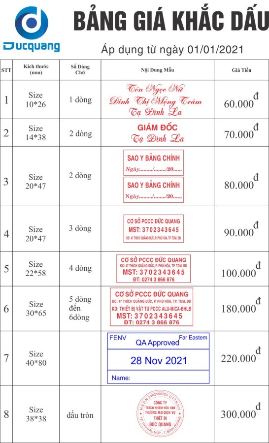 Bảng giá khắc dấu tại bình dương